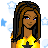 Pixel art icon of a woman with long dark brown hair wearing a yellow top with black star, surrounded by light blue stars on white background.