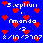 Blue background with red heart pixels, white text reading "Stephan + Amanda <3 8/10/2007" repeated twice in a