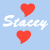 A 4x3 contact sheet of a static animated icon featuring the name "Stacey" with red hearts on pastel backgrounds in alternating light blue, lavender, and pink squares.