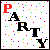 Animated contact sheet of 9 frames showing the word "PARTY" in various color combinations with multicolored confetti dots on a white background.