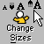 Animated sequence showing a yellow-shirted figure with white head and hands, changing size while interacting with a white cursor arrow on gray background.