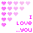 A contact sheet of 5 animated frames showing a pixel art animation with pink hearts and the text "I love ...you" on a white background.