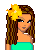 Pixel art contact sheet showing a female character in turquoise dress with lemon print, yellow flower accessory, and turquoise sandals across three frames with text "i'll take you to PaRaDiSe" on blue background.