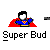 Pixel art contact sheet showing five animated frames of a cartoon character in blue and red costume with white face, performing actions like shooting projectiles and reacting to explosions.