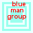 Four variations of a light cyan square with white borders and red text reading blue man group, each with distinct border and background layer arrangements.