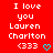 Red background with white pixelated text reading "I love you Lauren Charlton" and three heart symbols, two of which are cyan.