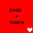 Red background displays 'Zack + Claire' text with pixelated hearts changing from white to pink across frames.