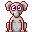 A 5x5 contact sheet of a pixelated animated character with gray body, red outlines, blue eyes, and various facial expressions including closed eyes, open mouth, and black/red eye symbols across 24 frames.