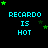 Pixelated cyan text 'RECARDO IS HOT' on black background with green stars, varying star positions across frames.
