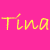 Yellow pixelated text 'Tina' on bright pink background with white flower symbol in bottom-right corner of framed version.
