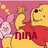 Yellow bear with red shirt holds pink piglet, surrounded by yellow sparkles on pink background; text 'NIRA' appears below the bear.