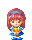 Pixel art character with pink hair and blue headband in blue dress holding yellow object, two expressions shown.