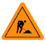 Orange triangular warning sign with black border and worker digging symbol, shown in multiple 3D orientations including front-facing, side views, and angled perspectives.