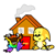 Pixelated house with orange roof, white windows, red door, and smoke from chimney; two yellow creatures stand beside it.