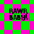 Pixelated text 'RAWB BABY!' on a checkered background with alternating green and pink squares.