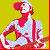 Pixelated static icon of a stylized figure with red suspenders and light blue patterned shirt against yellow background, framed by red border.