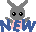 Pixelated gray rabbit with black eyes and pink cheeks appears in six positions above blue-pink 'NEW' text on light gray background