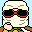 Pixel art contact sheet showing two frames of an animated buddy icon featuring a character with large sunglasses and changing facial features against a blue background.