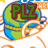 A pixelated globe with blue and green landmasses and orange orbit lines, displaying changing text overlays.