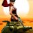 A pixelated figure in military attire stands atop a tank against an orange-yellow gradient background with visible pixelation and color banding.