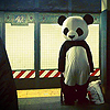 Pixelated panda figure stands in front of a grid-patterned window with red-and-white striped barrier, holding a white bag.