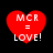 Four red heart-shaped icons with white text 'MCR = LOVE!' on black background, each with distinct pixelation levels.