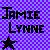 Pixelated text 'JAMIE LYNN' in dark blue on purple checkered background with a dark star icon below.