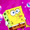 Yellow sponge character with brown shorts and white gloves, pink starfish character in green trunks, both surrounded by iridescent bubbles on purple background.