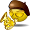 Yellow emoji face with brown beret holding golden horn, displaying closed eyes, open mouth, and musical note symbols in different frames.