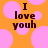 Orange background with pink circles and brown text reading "I love youh" in pixelated font.