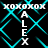 Animated icon with cyan diamond pattern over black background, displaying 'XOXO' text above and vertical 'ALEX' text below in white