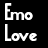 A 3x3 contact sheet of animated frames showing a pixelated text-based icon with "Emo" and "Love" text, red heart symbols, and scattered red particles on black background.