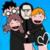 Pixelated cartoon-style icon showing four characters in a group pose against solid blue background, all wearing black outfits with visible facial features and distinct hair colors.