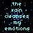 Pixelated text reads 'the rain cleanses my emotions' in light blue on black background with scattered blue pixels, repeated across multiple