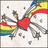 Pixelated static image with a central red heart, rainbow-colored stripes on left and right edges, dark gray branching shapes resembling tree limbs or cracks, scattered small gray dots on light background.