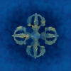 Blue background with repeating light blue and white cross-shaped symbols, some sections showing partial or distorted versions of the pattern.
