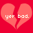 Two identical pixelated broken hearts on a red background with white text reading 'yer bod.' inside each heart.