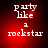 Pixelated text 'party like a rockstar' on red gradient background with subtle light effects.