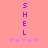 Two vertical of purple letters spelling SHELL on a pink background, each with five pink star-like symbols below