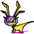 Pixelated creature with purple head, yellow body, black-and-yellow striped limbs, and a red collar on white background.