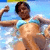 A person in a light blue bikini floats on water with arms raised, smiling at the camera.