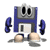 Animated blue floppy disk character with gray eyes and beige feet, performing a sequence of arm and eye movements against a white background.