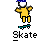 Pixelated yellow figure with blue cap performs skateboarding actions above teal skateboard on gray background, text "Skate" below.
