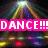 Pixelated image with pink text overlays reading "DANCE!!!" and "like nobody is watching!" against a dark background with colorful stage lights.