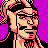 Pixelated portrait of a person with dark hair and glasses against a solid purple background, rendered in 8-bit style with peach, black, pink, and purple colors.