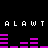 Pixelated text and audio waveforms in white and magenta on black background, with repeating 'ALAWT' text above two of changing purple bars