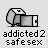 Pixelated icon of a rounded robot-like figure with two legs, standing next to a rectangular portal; text below reads 'addicted2 safesex' in blocky font.