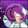 Pixelated cartoon character with purple hair in a white space suit and helmet, floating against a purple background with pink dots.