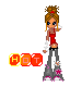 Pixel art character with brown hair in bun, red top, gray pants, white wristband; orange-yellow 'HOT' text beside them on white background.