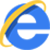 Blue stylized 'e' with yellow and dark blue curved accents on a gray background, pixelated rendering.
